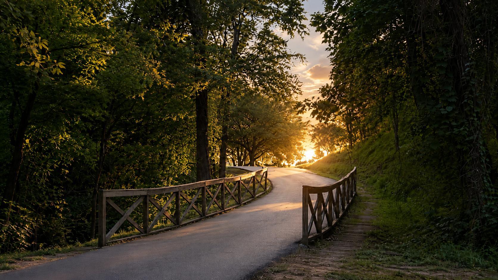 Tree-lined walking trail at sunset near Memorial Houston